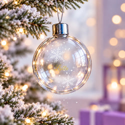 Klare Christbaumkugel im Lichterglanz